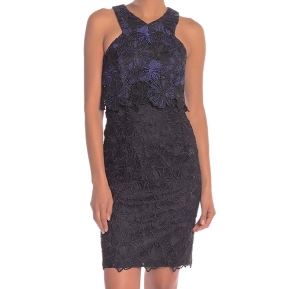 Trina Turk Miranda Blue Black Guipure Lace Sheath Cocktail Dress Size 2 New - Picture 2 of 14